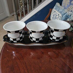RARE 3 MACKENZIE CHILDS COURTLY CHECK BLACK TIE CERAMIC HERB POT CONTAINER TRAY